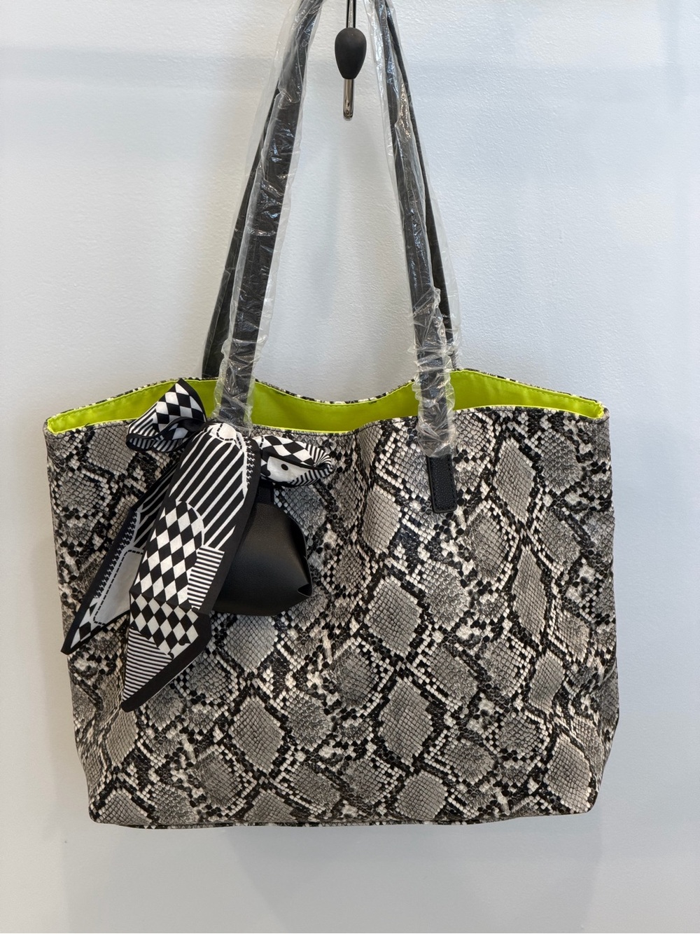 Snake-Print Tote with Lime Green Trim